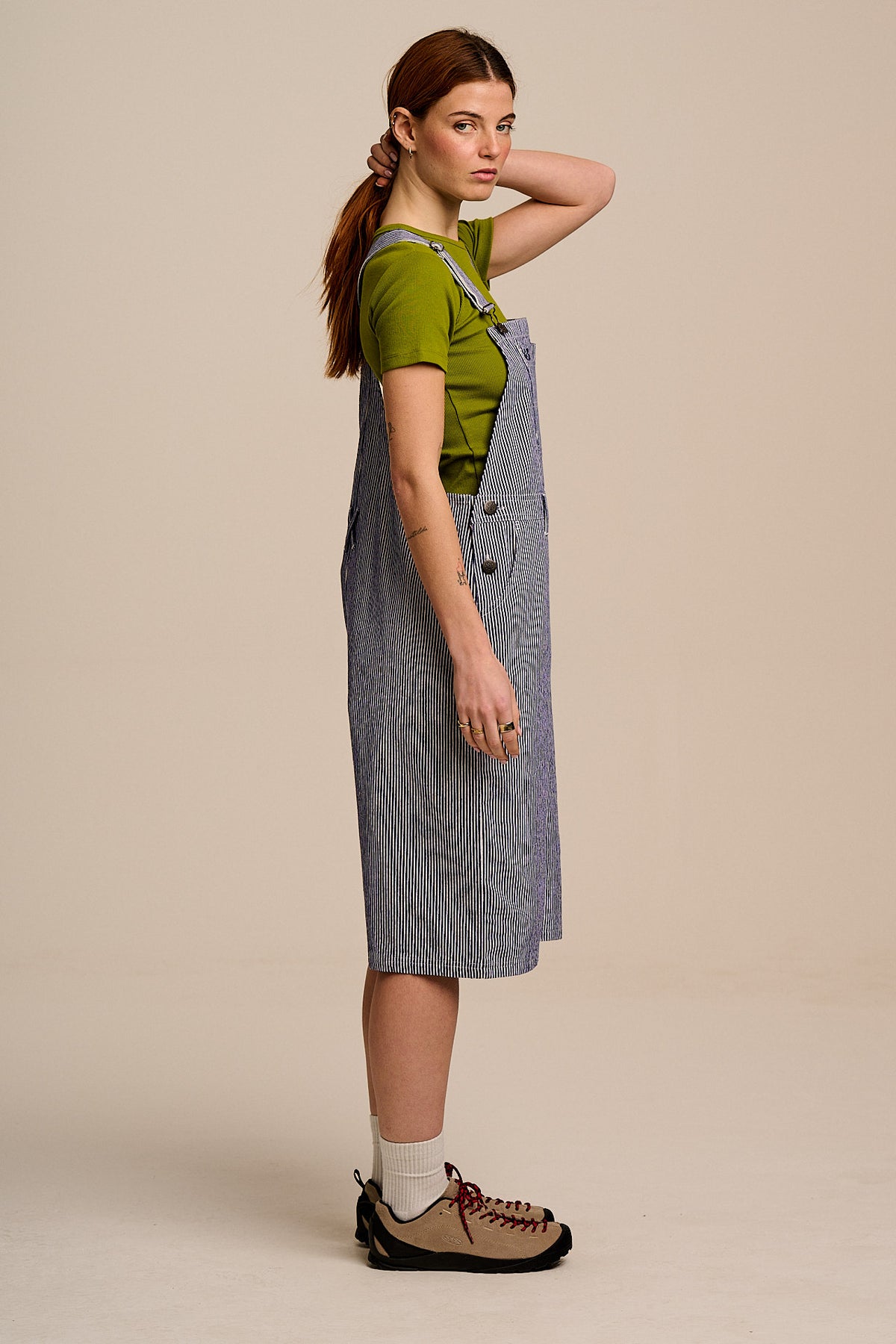 Jara - Knee Length Dungaree Shorts Organic Cotton in Navy Pinstripe