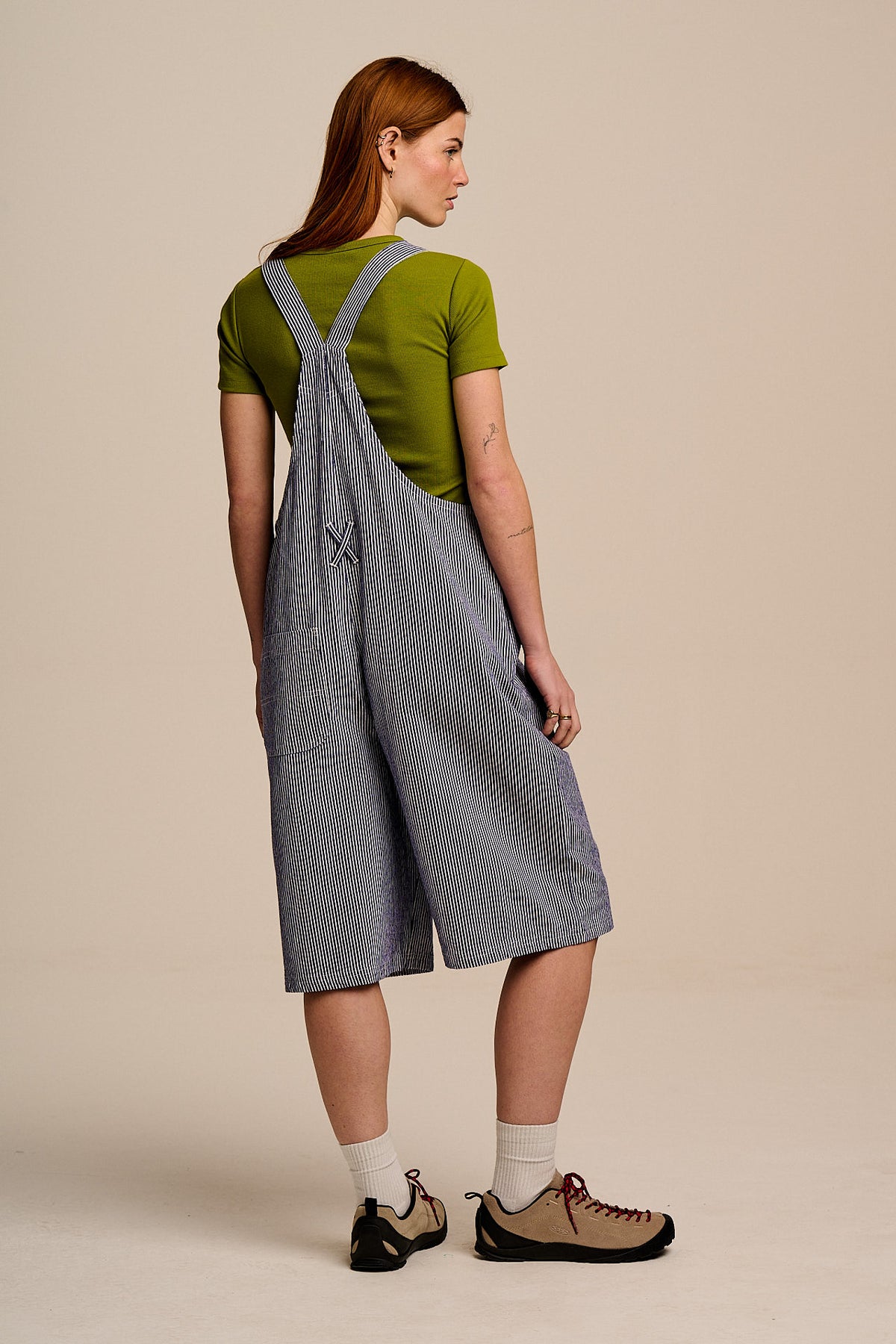 Jara - Knee Length Dungaree Shorts Organic Cotton in Navy Pinstripe