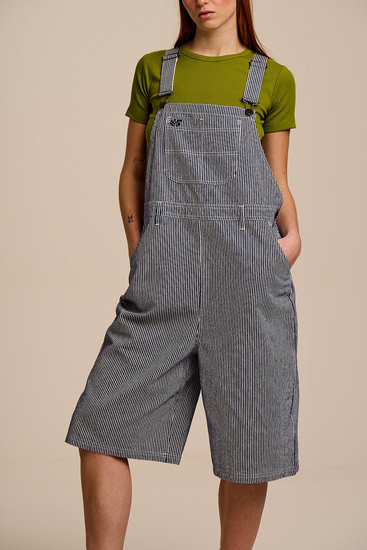 Jara - Knee Length Dungaree Shorts Organic Cotton in Navy Pinstripe