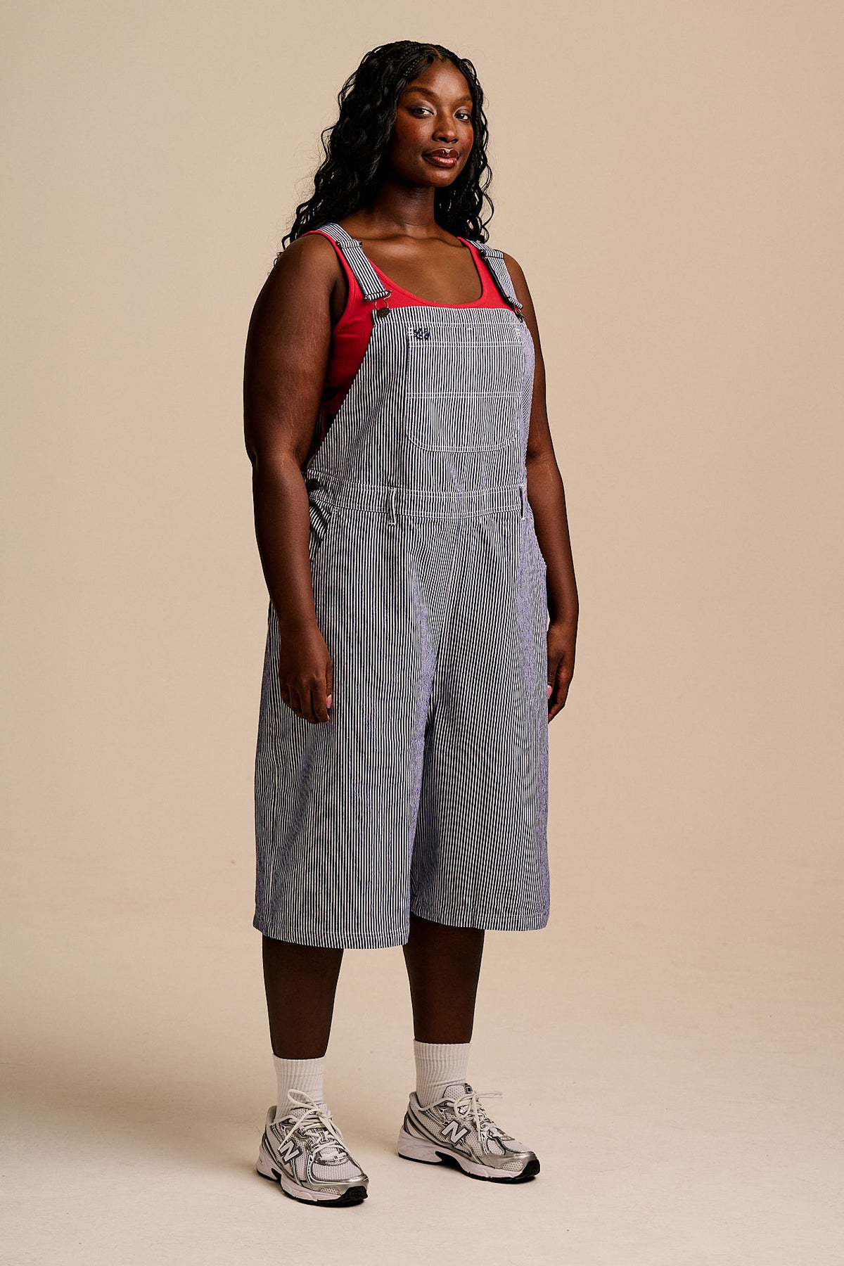 Jara - Knee Length Dungaree Shorts Organic Cotton in Navy Pinstripe