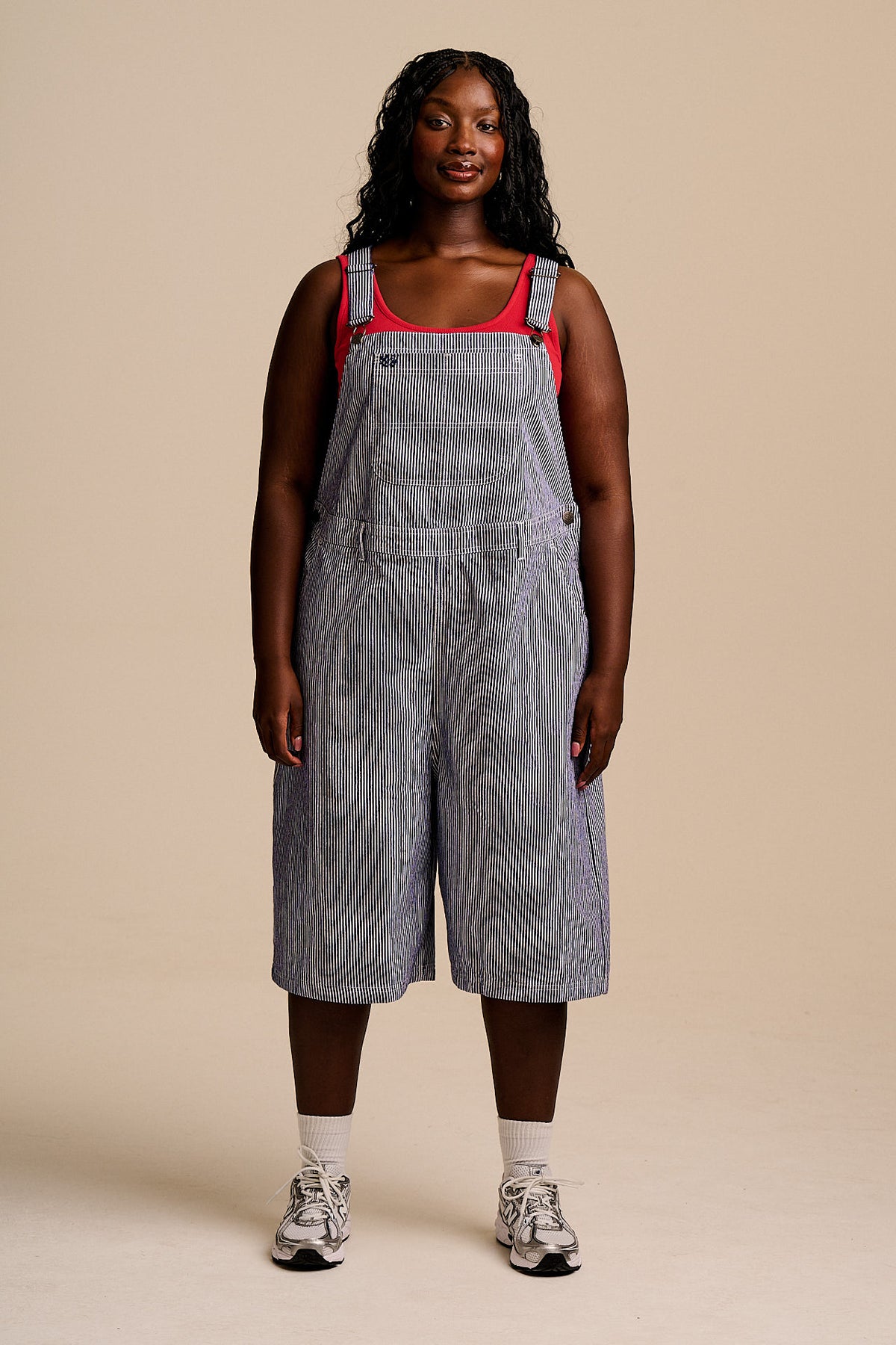 Jara - Knee Length Dungaree Shorts Organic Cotton in Navy Pinstripe