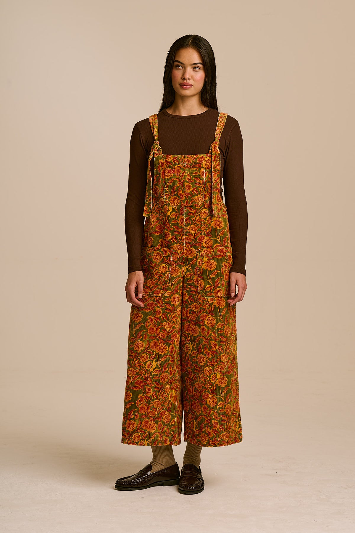 Jenny - Wide Leg Dungarees Organic Cotton Corduroy in Green Palace Floral