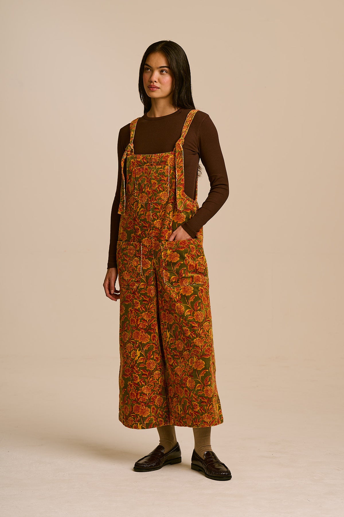 Jenny - Wide Leg Dungarees Organic Cotton Corduroy in Green Palace Floral
