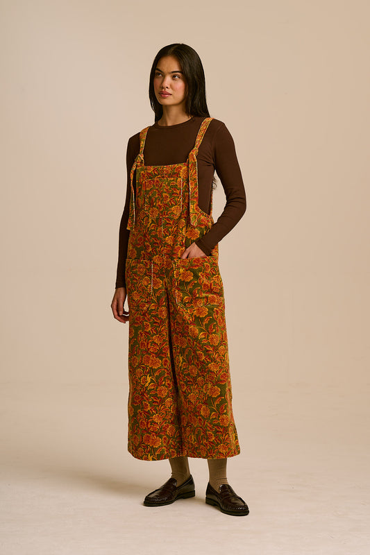 Jenny - Wide Leg Dungarees Organic Cotton Corduroy in Green Palace Floral