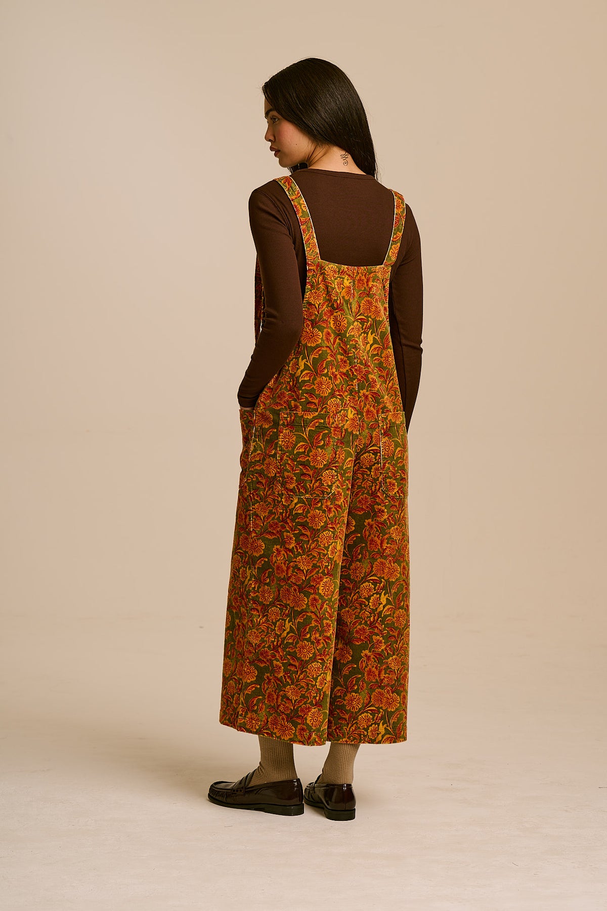 Jenny - Wide Leg Dungarees Organic Cotton Corduroy in Green Palace Floral