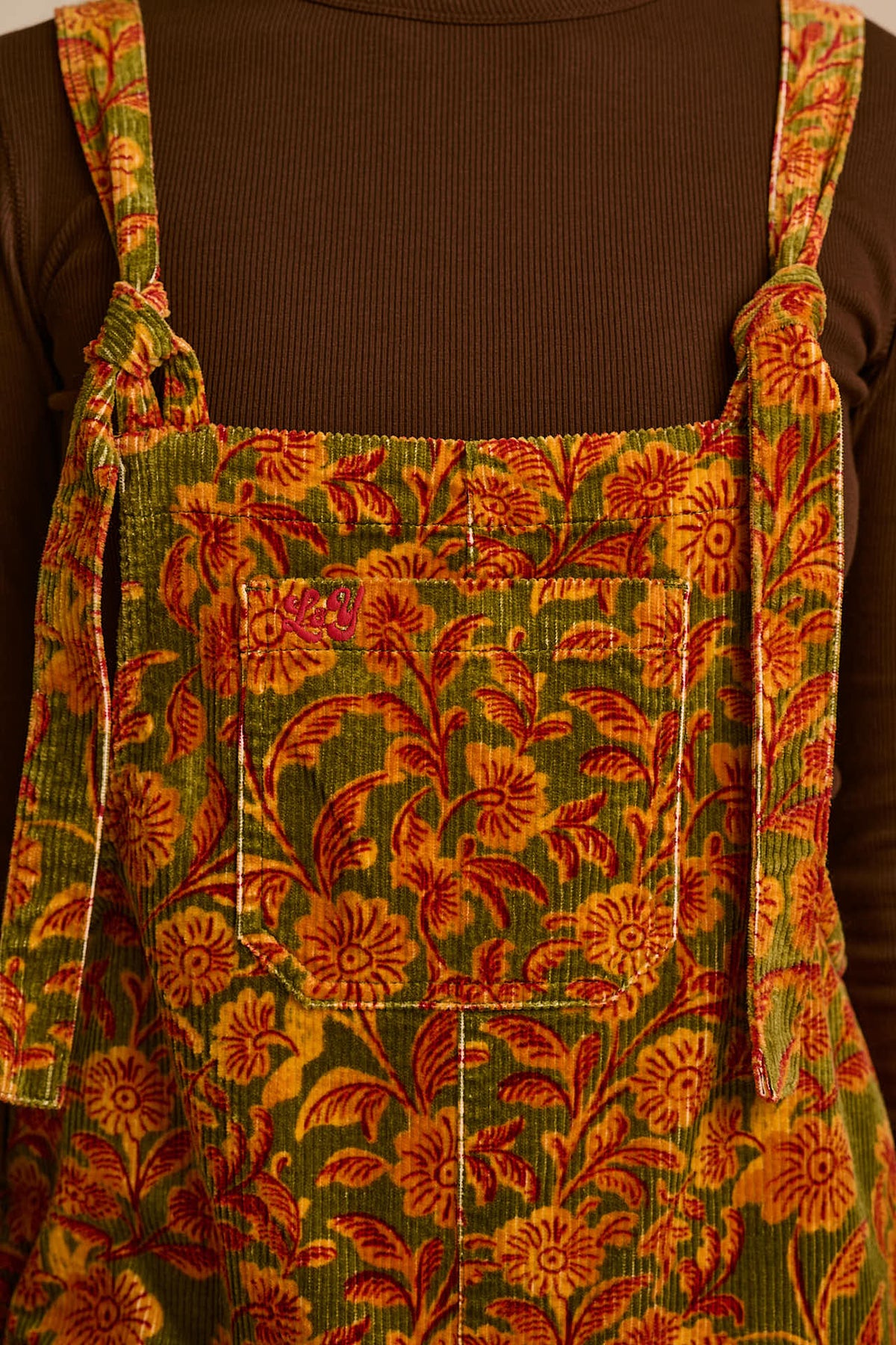 Jenny - Wide Leg Dungarees Organic Cotton Corduroy in Green Palace Floral