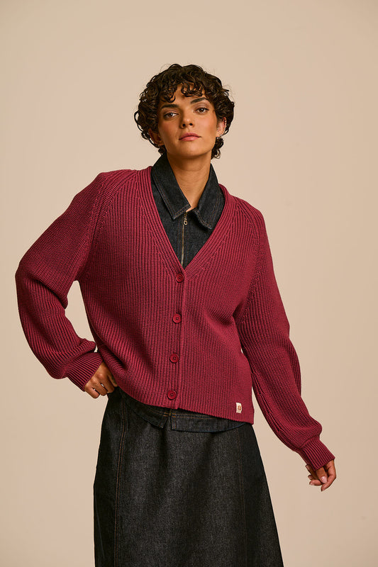 Juniper - Cardigan Organic Cotton Knit in Burgundy