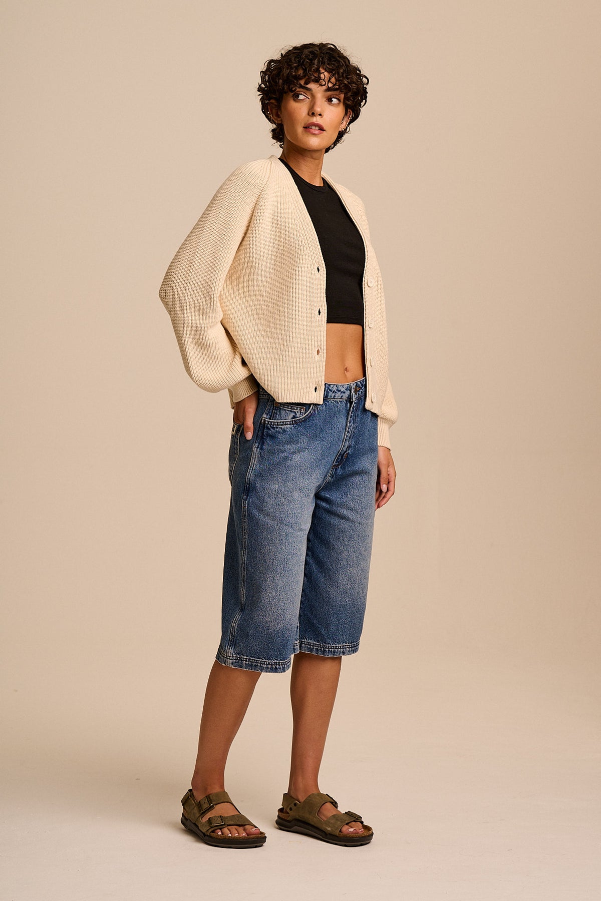 Juniper - Balloon Sleeve Cardigan Organic Cotton Chunky Knit in Ecru