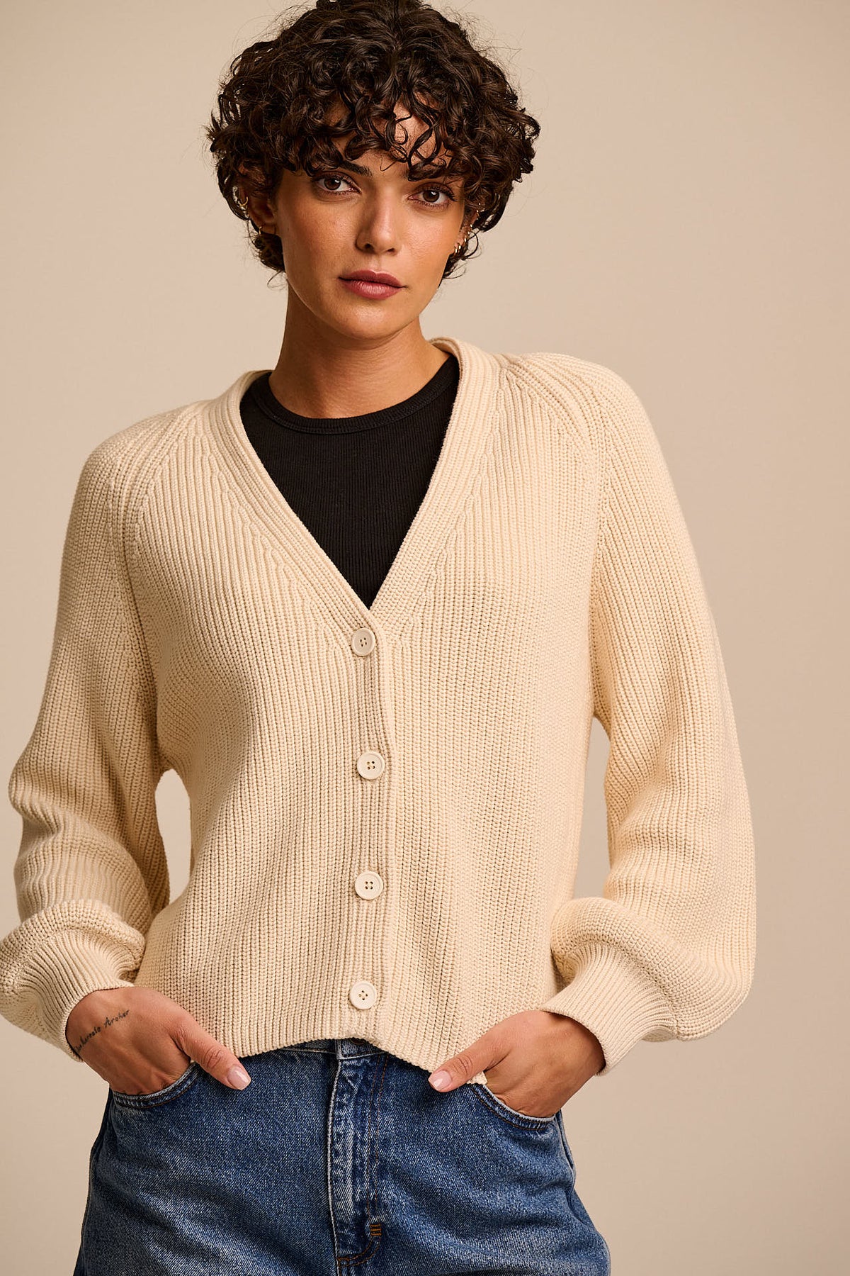 Juniper - Balloon Sleeve Cardigan Organic Cotton Chunky Knit in Ecru