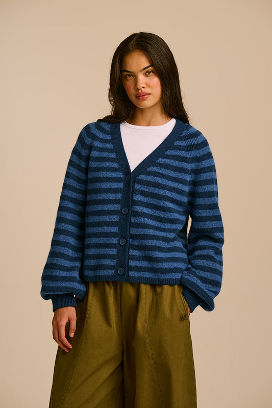 Juniper - Cardigan Recycled Polyester Knit in Blue Stripe