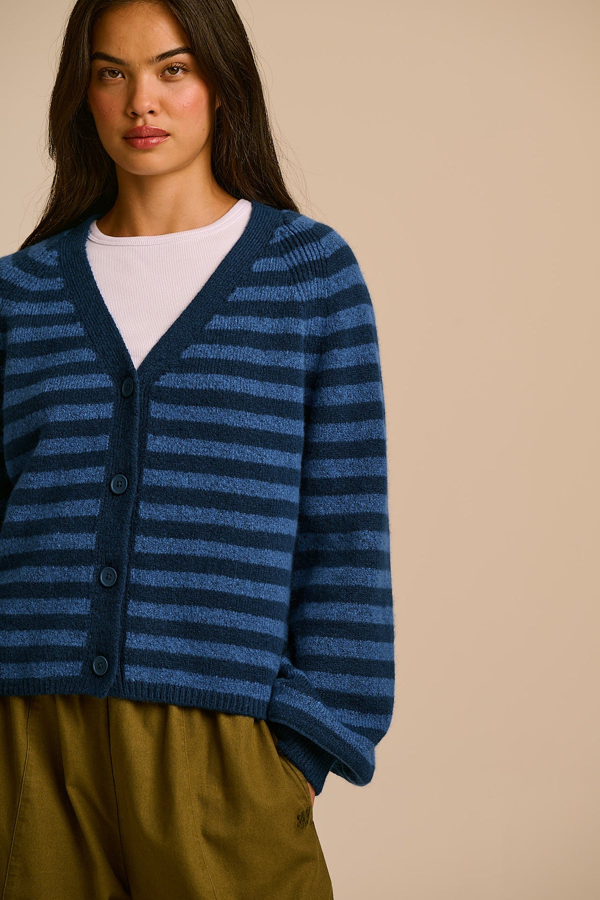 Juniper - Cardigan Recycled Polyester Knit in Blue Stripe