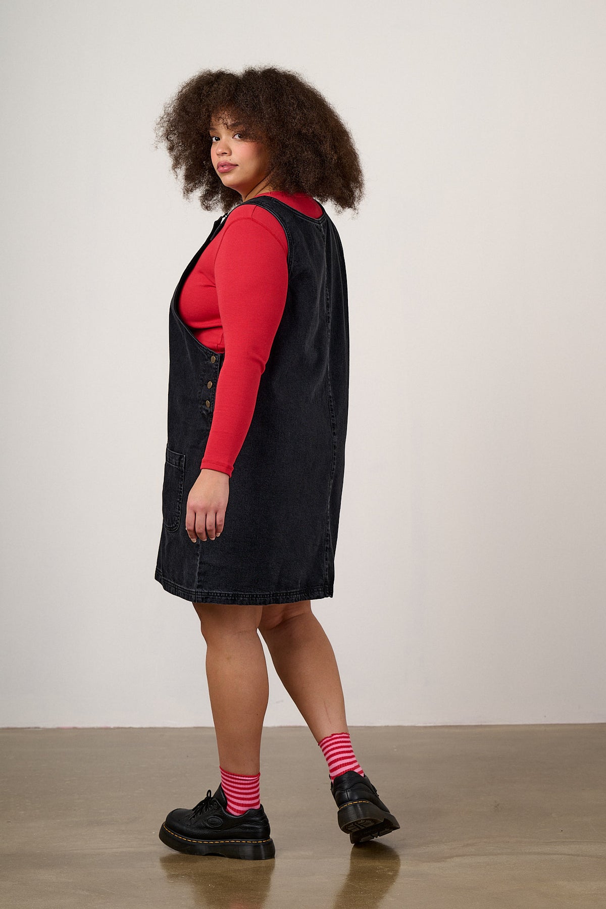 Layla - Pinafore Mini Dress Organic Cotton Denim in Washed Black