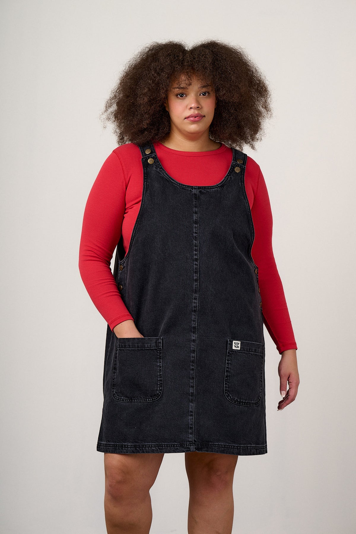 Layla - Pinafore Mini Dress Organic Cotton Denim in Washed Black