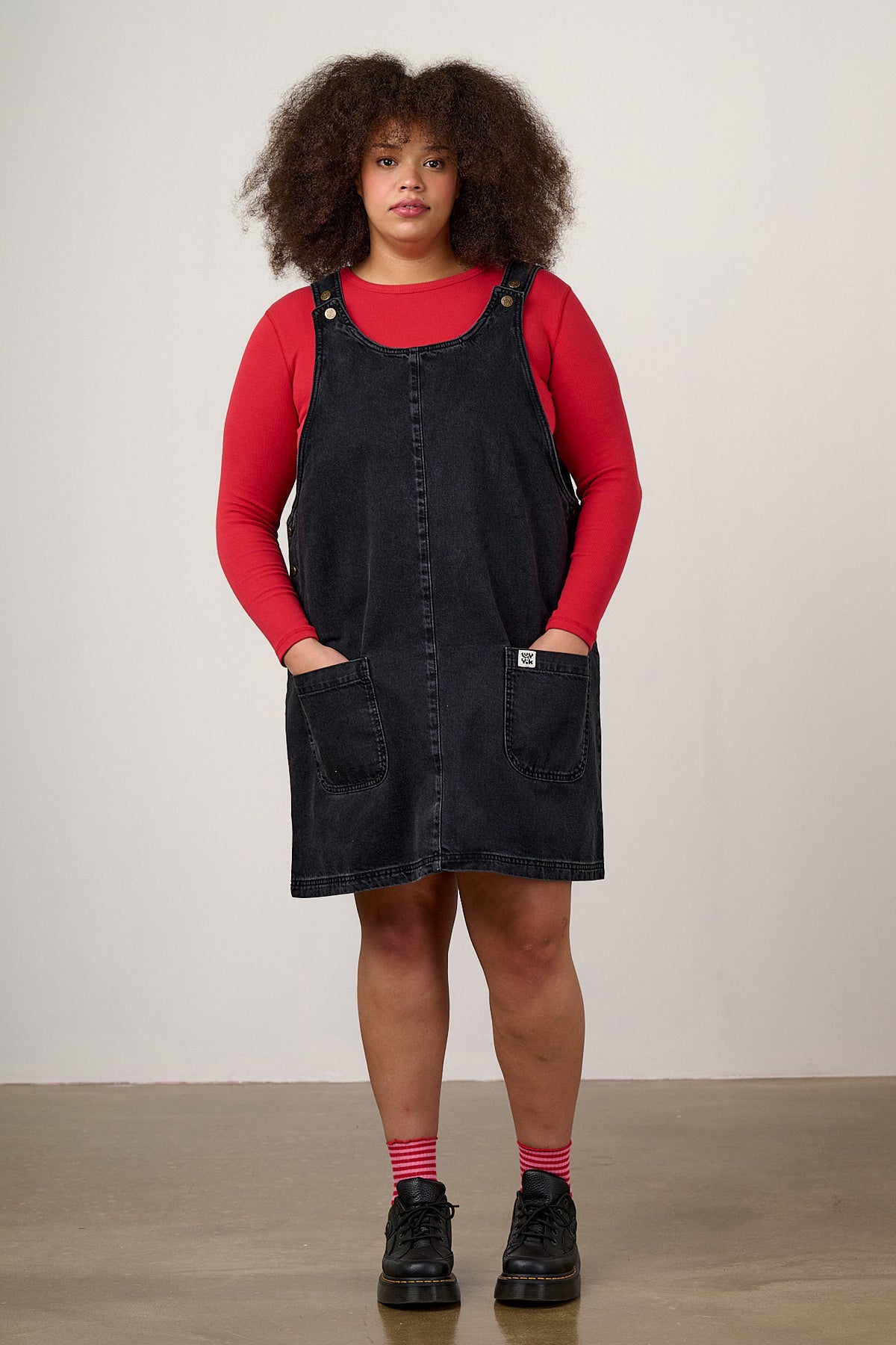 Layla - Pinafore Mini Dress Organic Cotton Denim in Washed Black