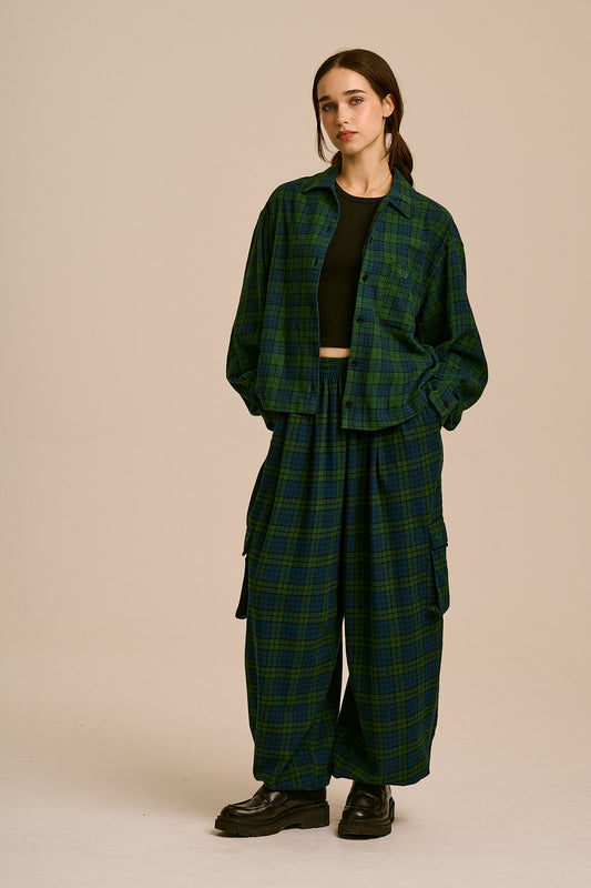 Rumi - Brushed Cotton Barrel Trousers in Wilderness Tartan