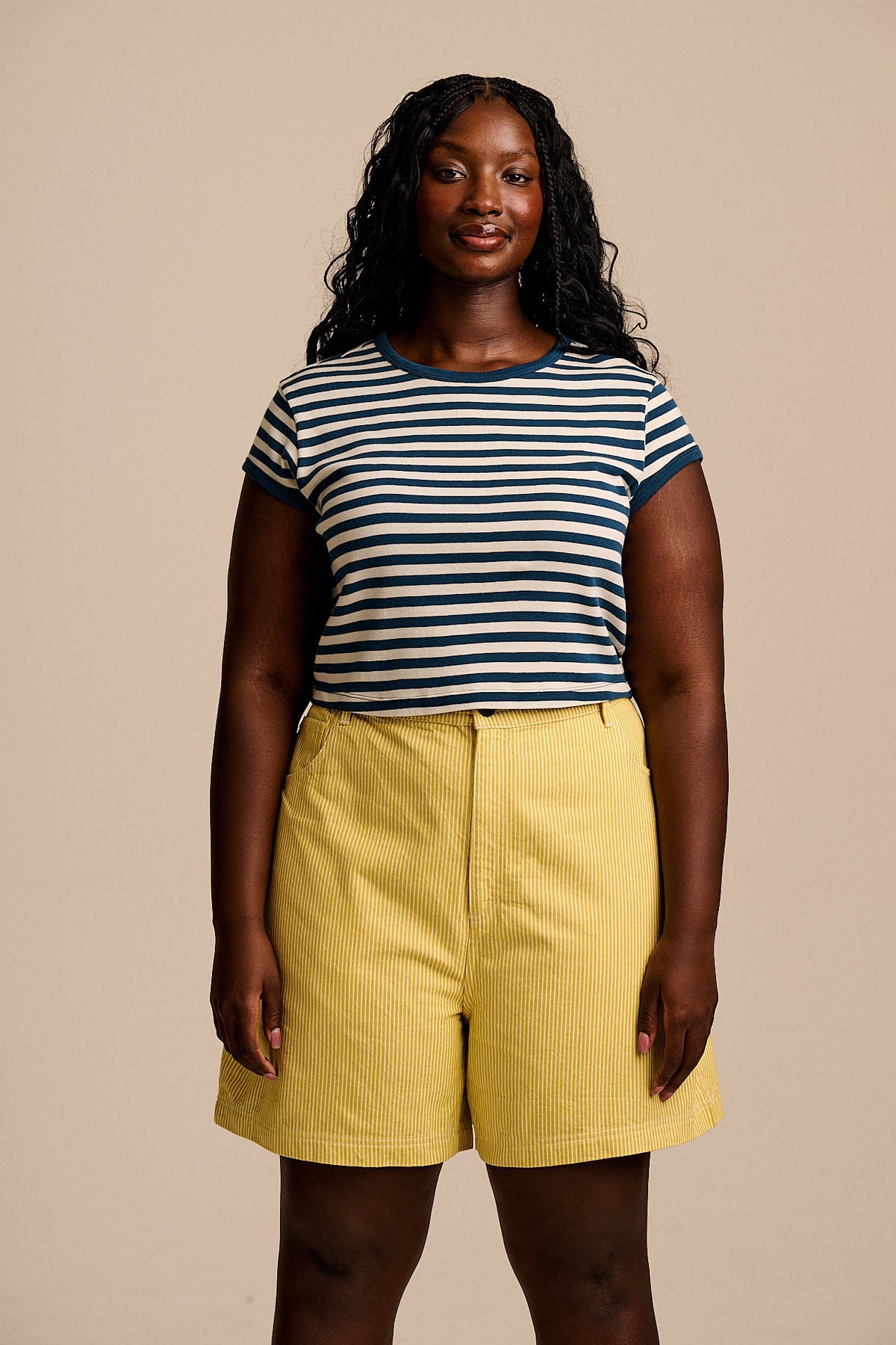 Lexi - High Waist Shorts Organic Cotton in Lemon Hickory Stripe