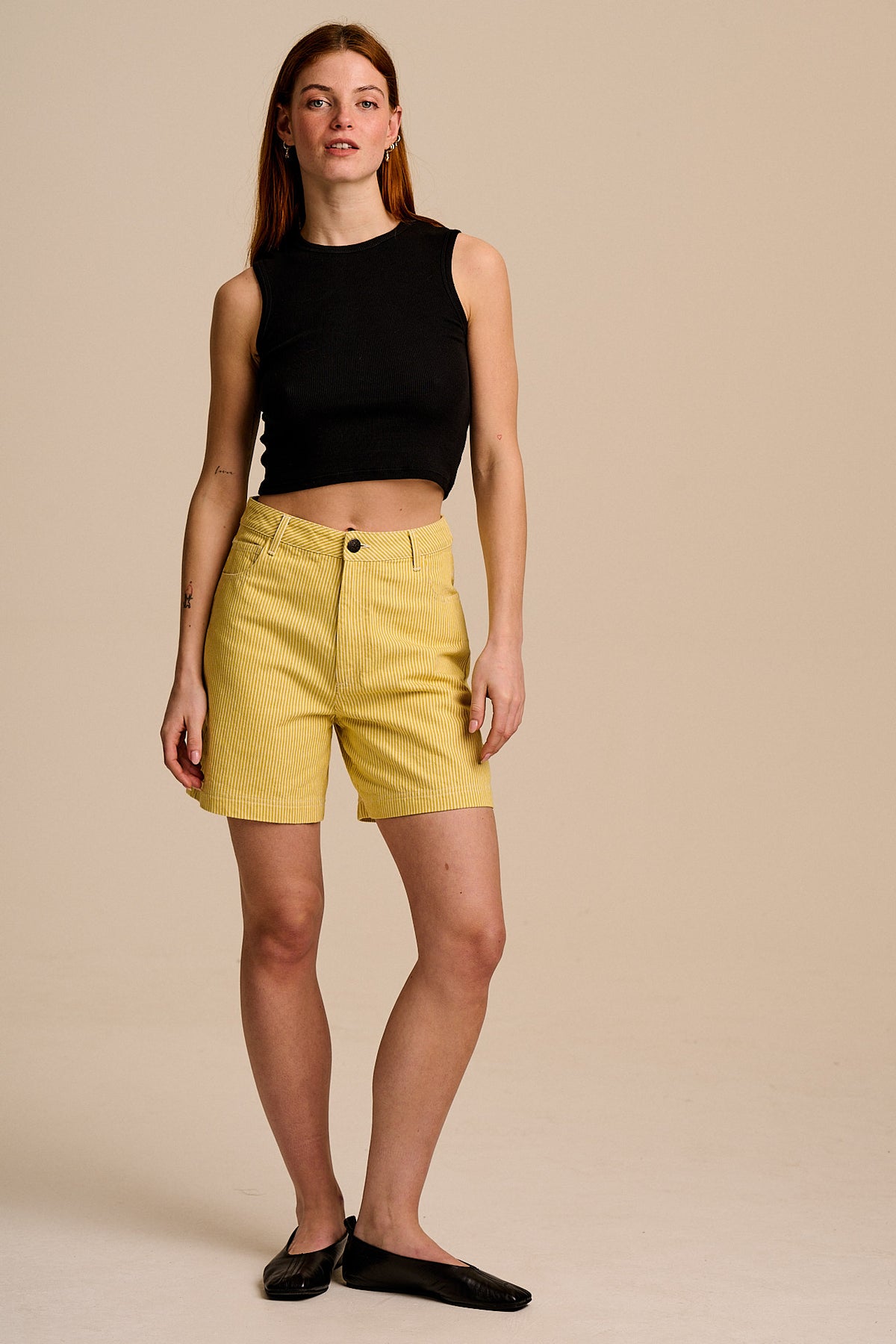 Lexi - High Waist Shorts Organic Cotton in Lemon Hickory Stripe