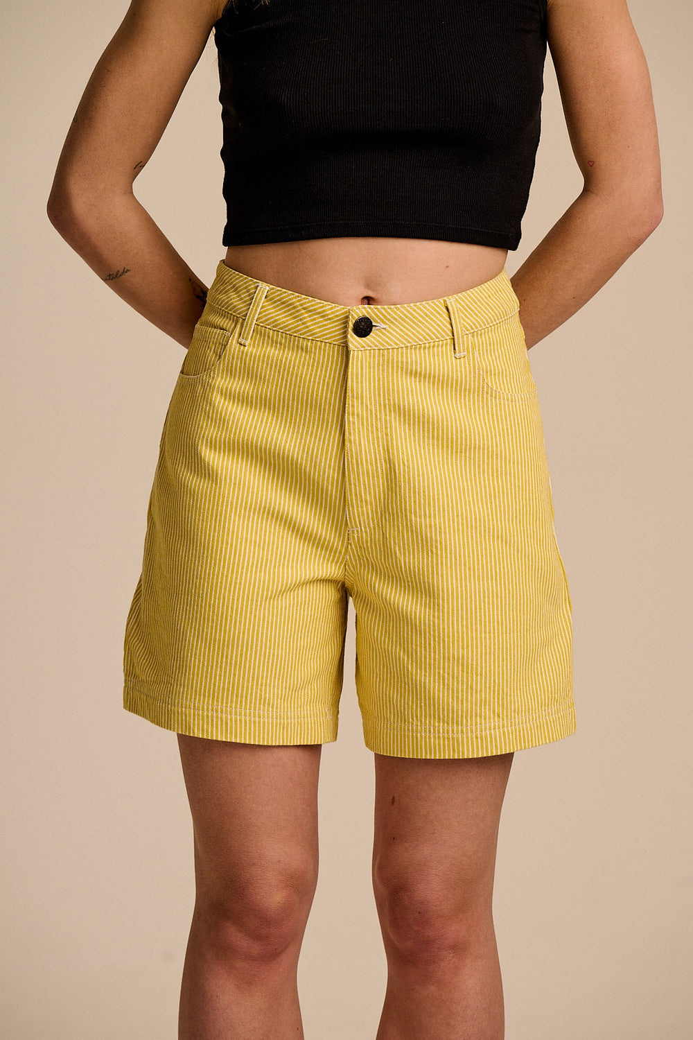 Lexi - High Waist Shorts Organic Cotton in Lemon Hickory Stripe