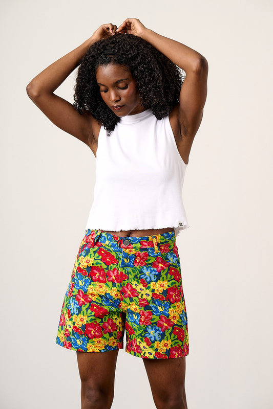 Lexi - High Waist Shorts Organic Cotton in 80s Scribble Floral