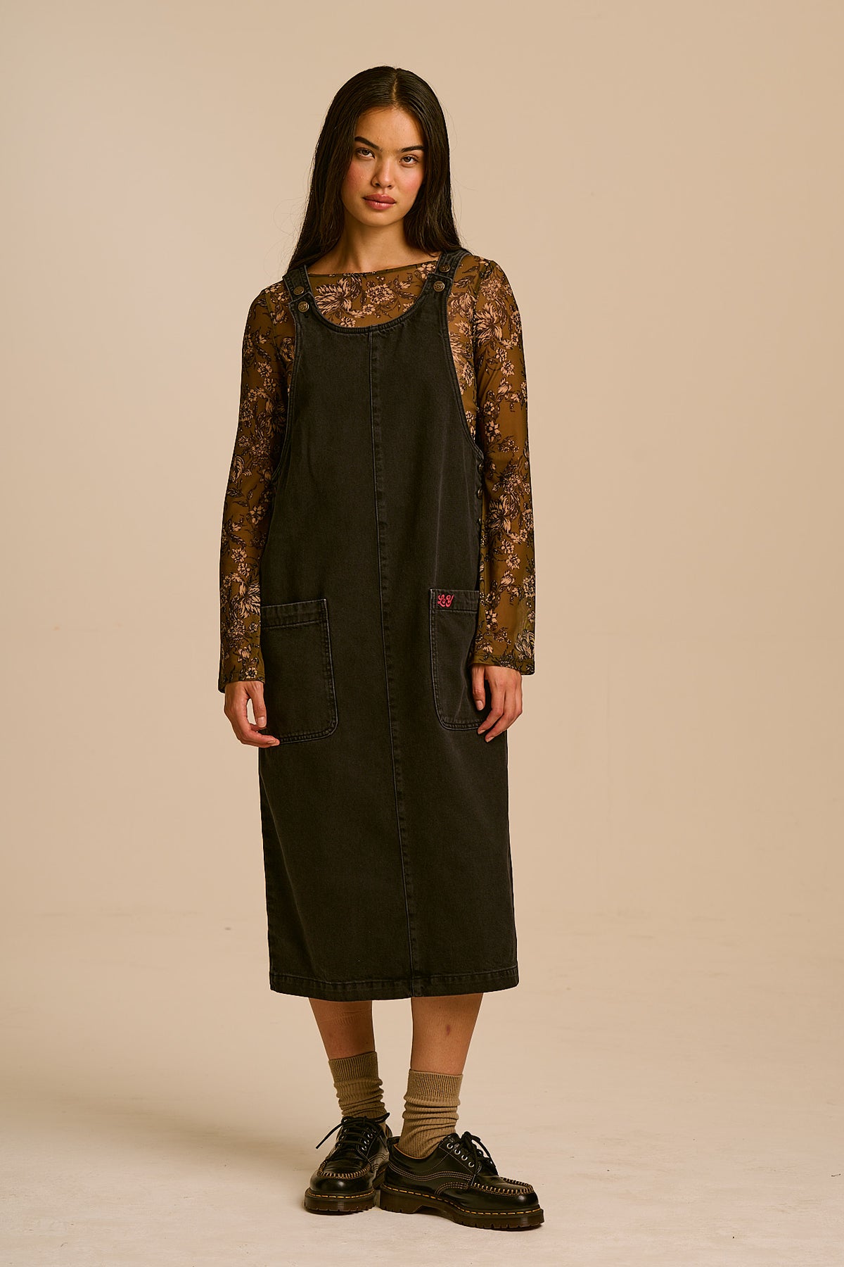 Lily - Pinafore Midi Dress Organic Cotton Denim in Blackwash