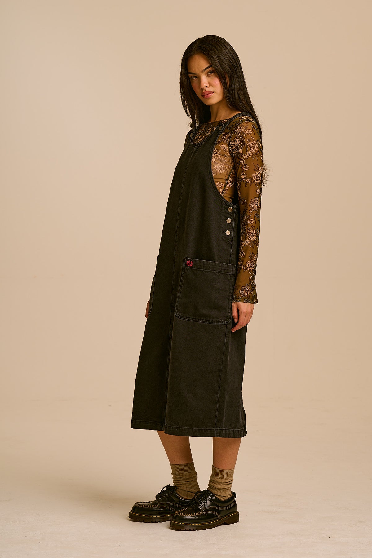 Lily - Pinafore Midi Dress Organic Cotton Denim in Blackwash