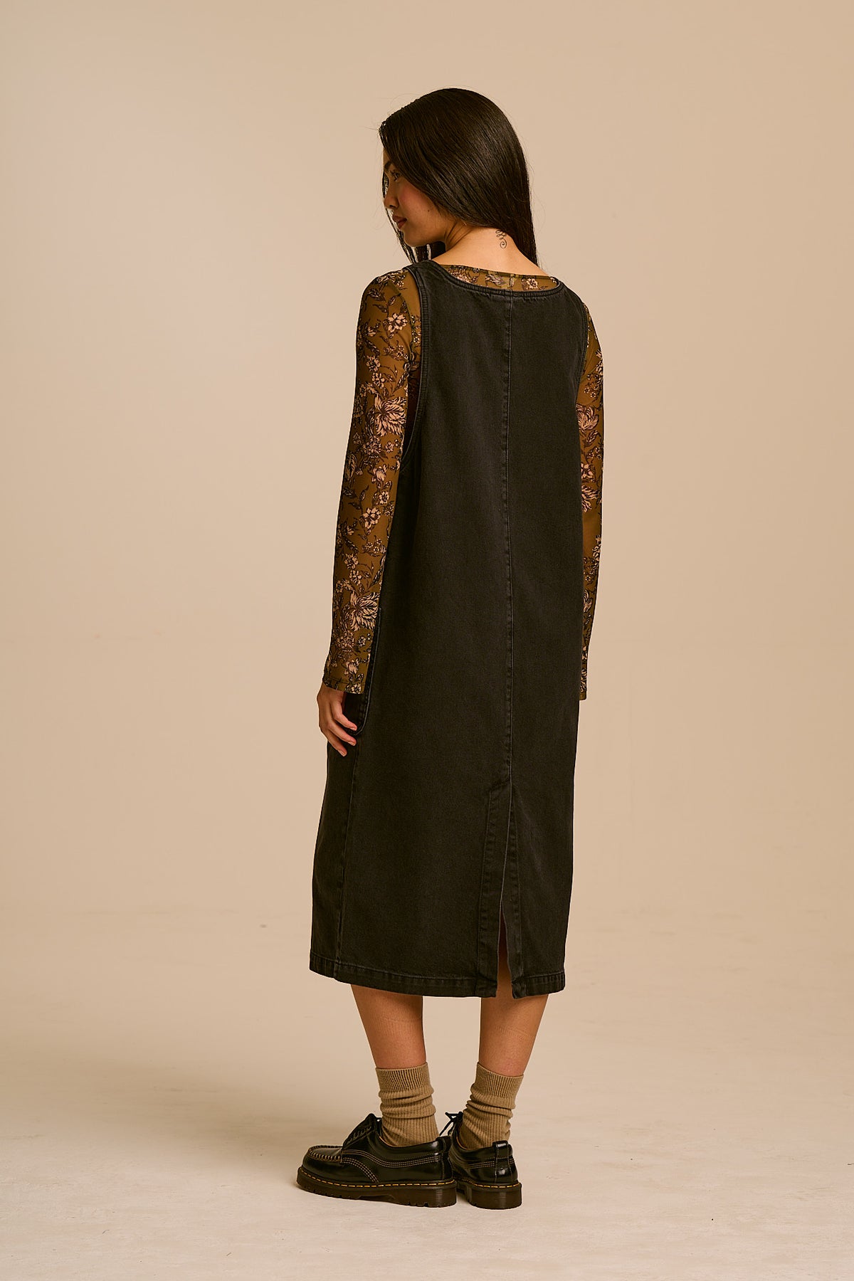 Lily - Pinafore Midi Dress Organic Cotton Denim in Blackwash