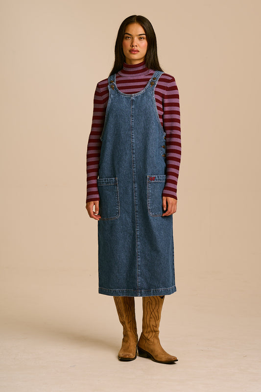 Lily - Pinafore Midi Dress Organic Cotton Denim in Mid Wash