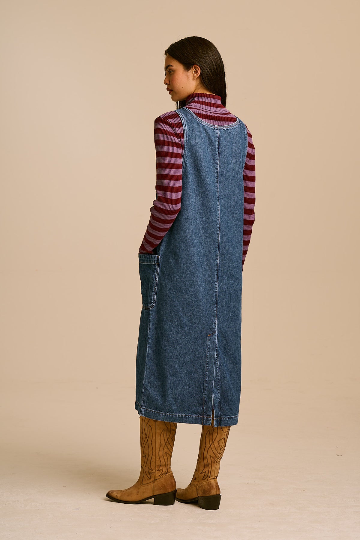Lily - Pinafore Midi Dress Organic Cotton Denim in Mid Wash
