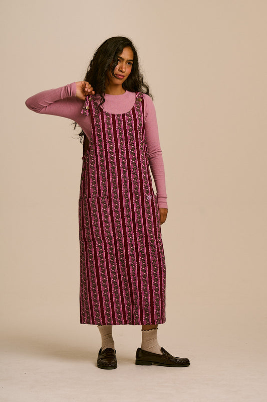 Lily - Pinafore Midi Dress Organic Cotton Twill in Folk Floral Stripe