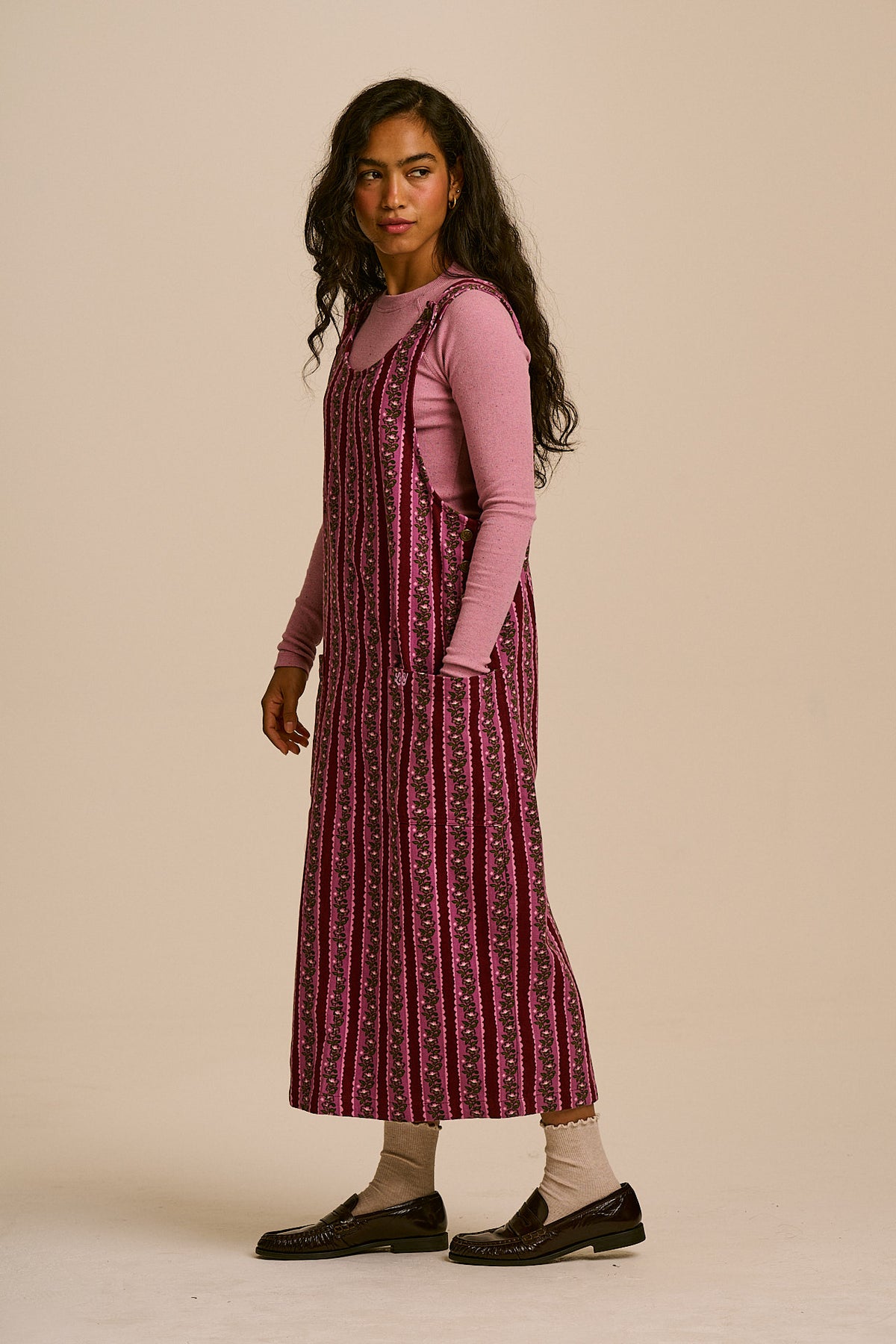 Lily - Pinafore Midi Dress Organic Cotton Twill in Folk Floral Stripe