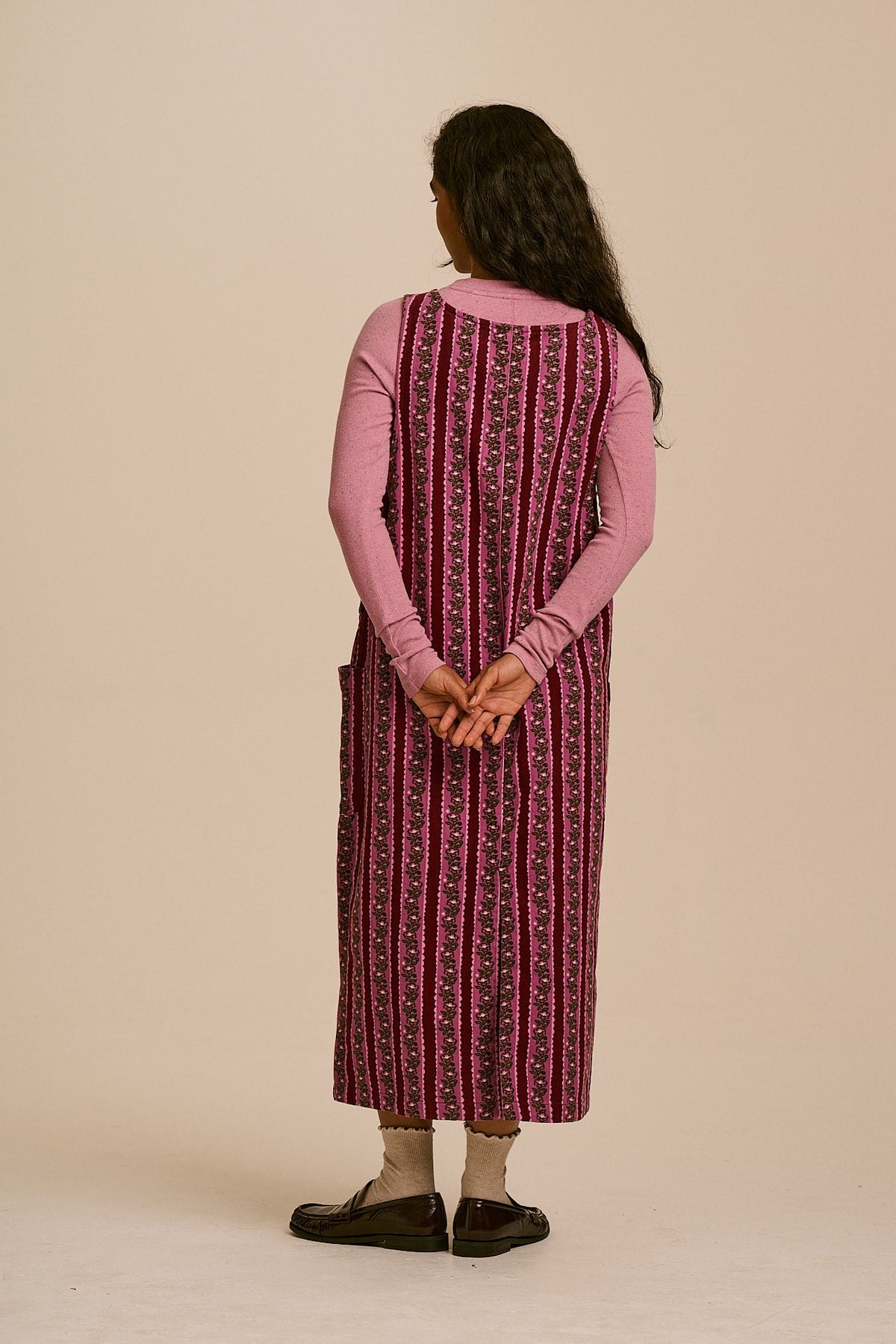 Lily - Pinafore Midi Dress Organic Cotton Twill in Folk Floral Stripe