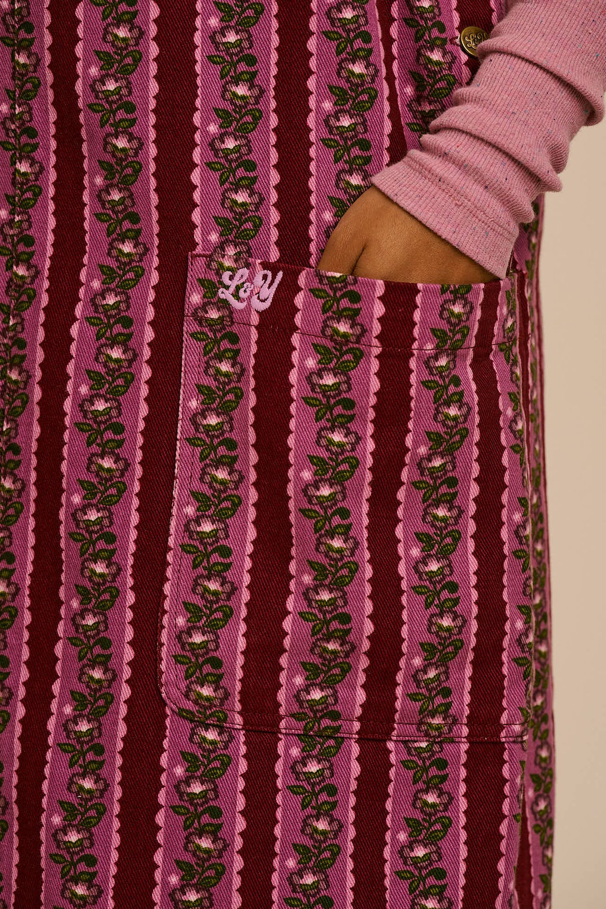 Lily - Pinafore Midi Dress Organic Cotton Twill in Folk Floral Stripe