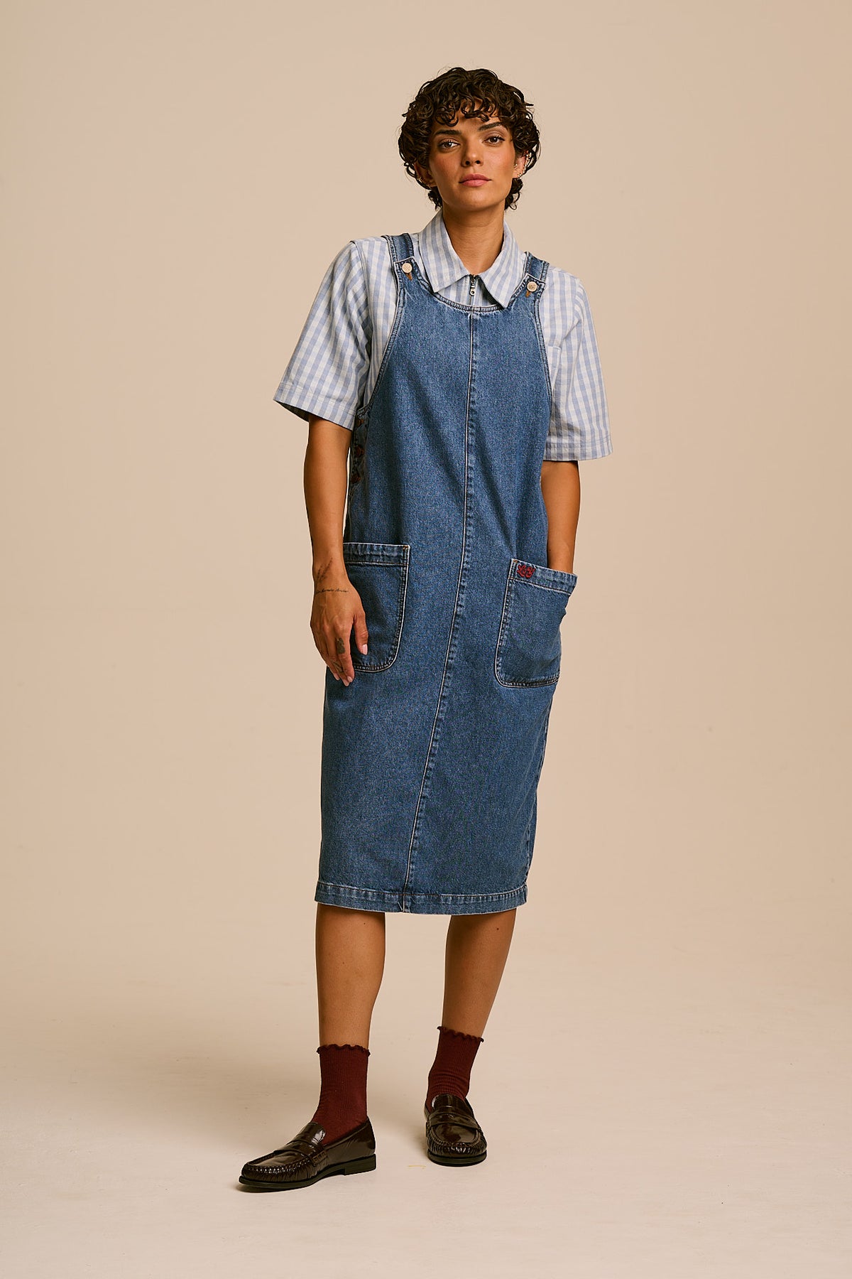 Lily - Pinafore Midi Dress Organic Cotton Denim in Mid Wash