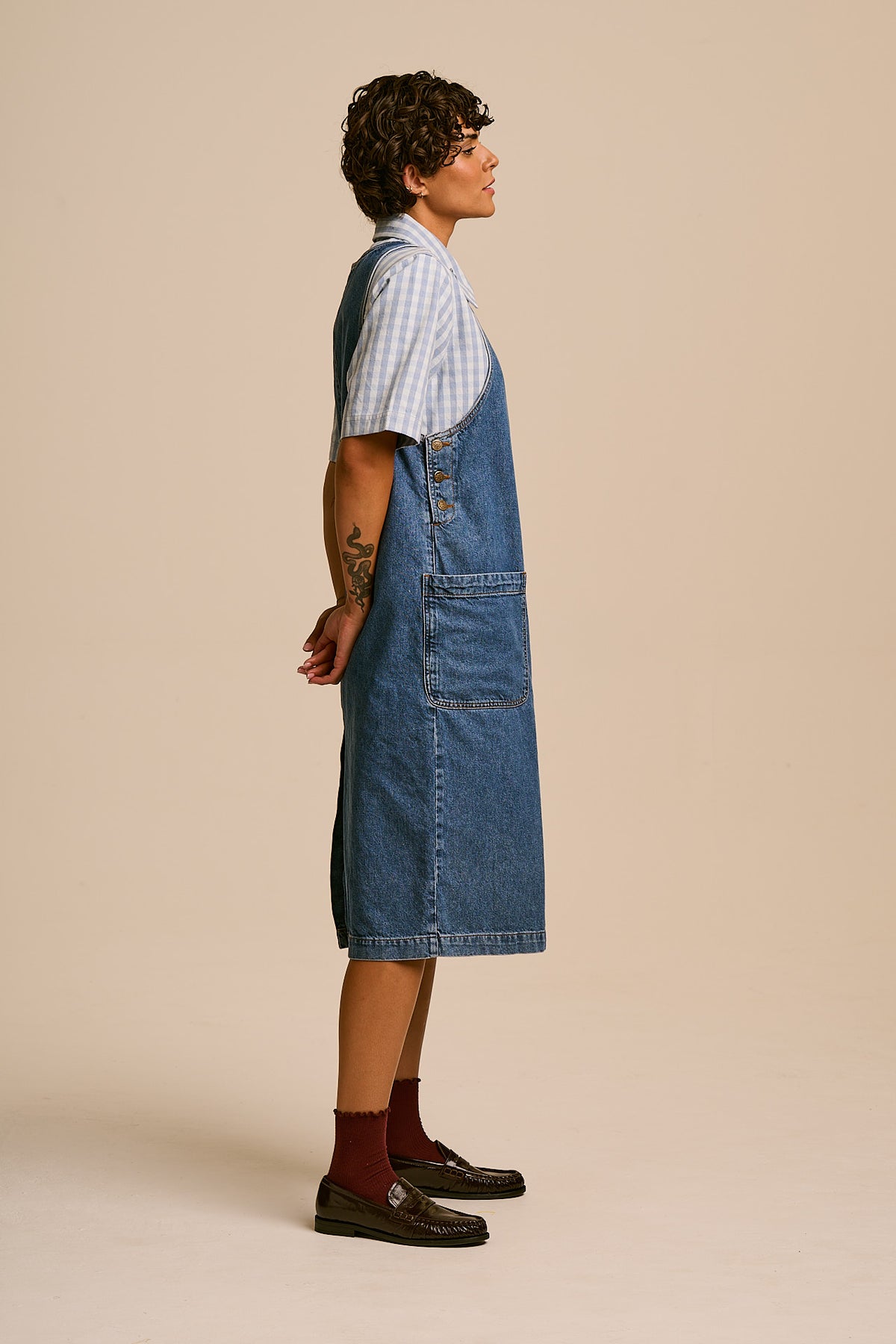 Lily - Pinafore Midi Dress Organic Cotton Denim in Mid Wash