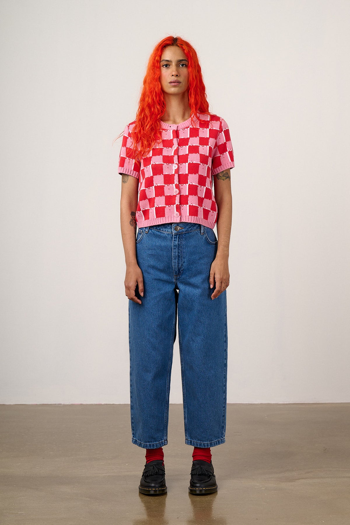 Lizzie - Short Sleeve Cardigan Organic Cotton Knit in Pink & Red Blurred Checkerboard