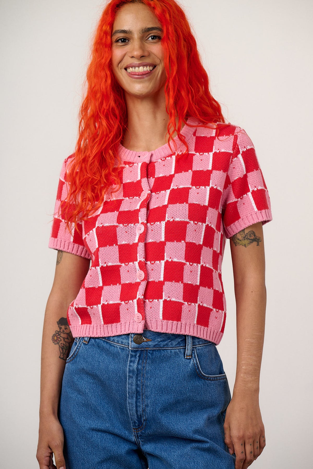 Lizzie - Short Sleeve Cardigan Organic Cotton Knit in Pink & Red Blurred Checkerboard