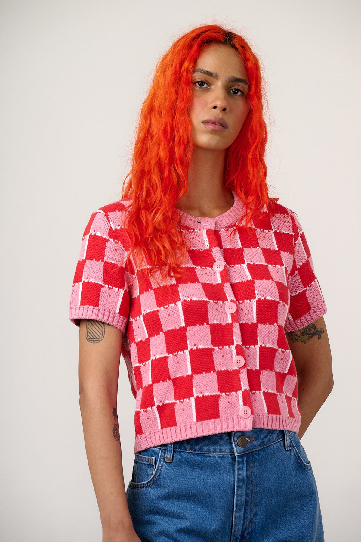 Lizzie - Short Sleeve Cardigan Organic Cotton Knit in Pink & Red Blurred Checkerboard