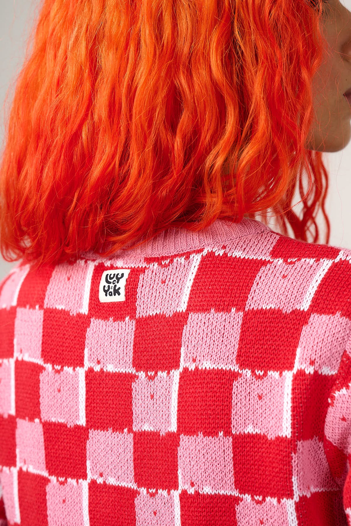 Lizzie - Short Sleeve Cardigan Organic Cotton Knit in Pink & Red Blurred Checkerboard