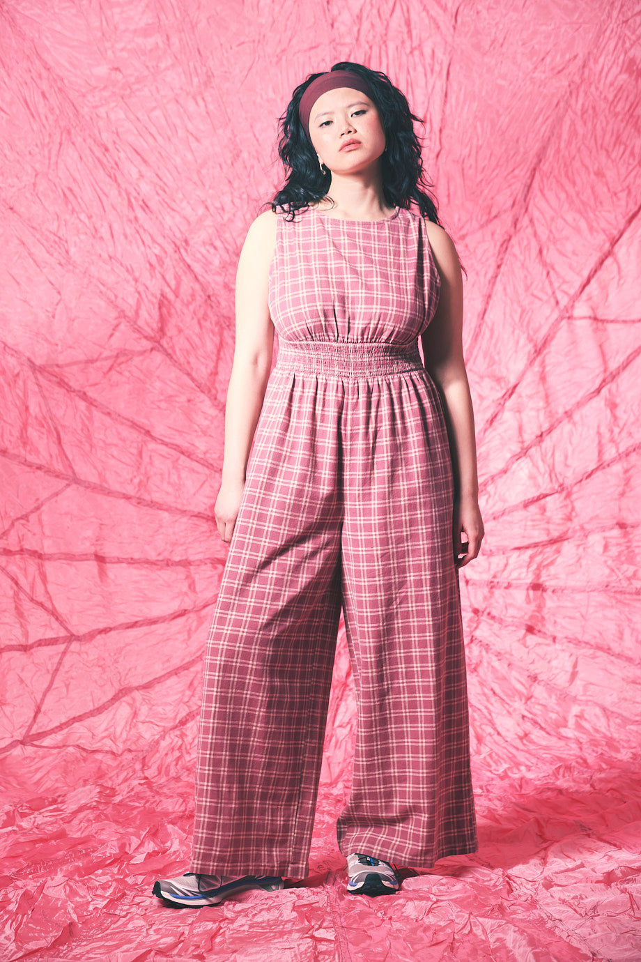 Simone - Wide Leg Jumpsuit Organic Cotton in Maroon Deco Rose Check