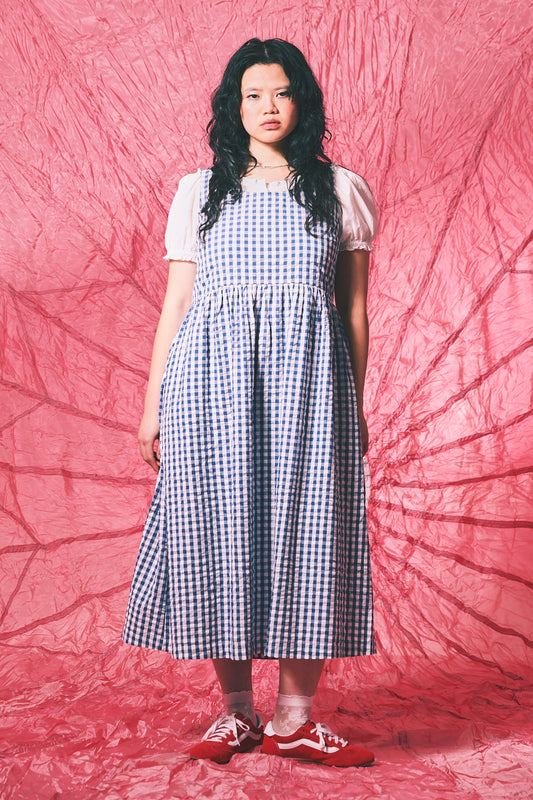 Aimee - A-Line Midi Dress Organic Cotton Seersucker in Blue Gingham