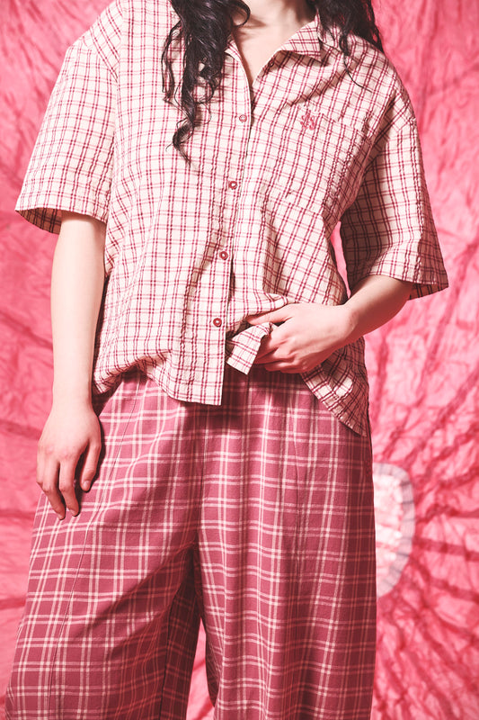 Cam - Shirt Organic Cotton Seersucker in Ecru Check