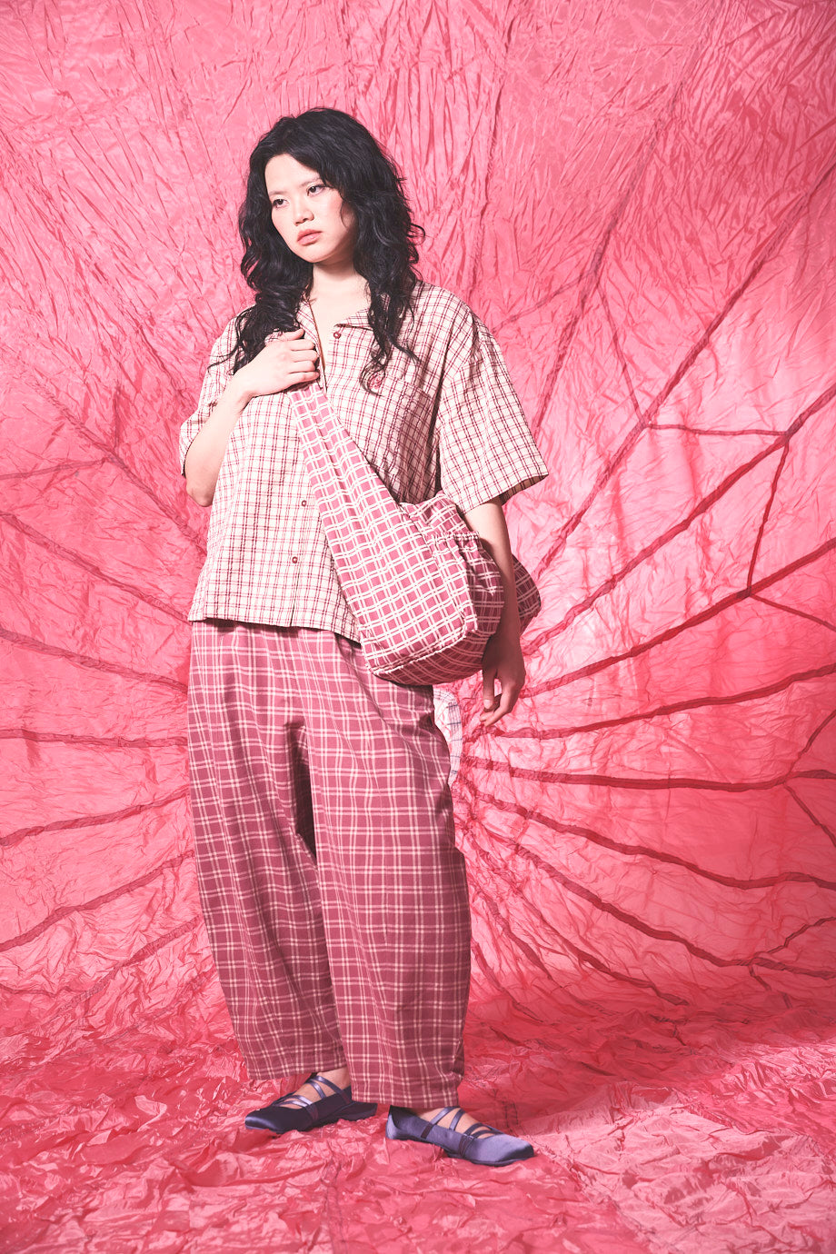 Obregon - Barrel Leg Trousers - Organic Cotton in Maroon Deco Rose Check