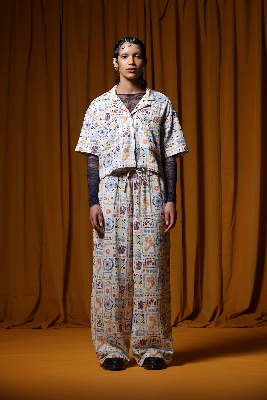 Norris - Wide Leg Trousers Organic Cotton Double Gauze in Ecru Cosmic Folk Tile