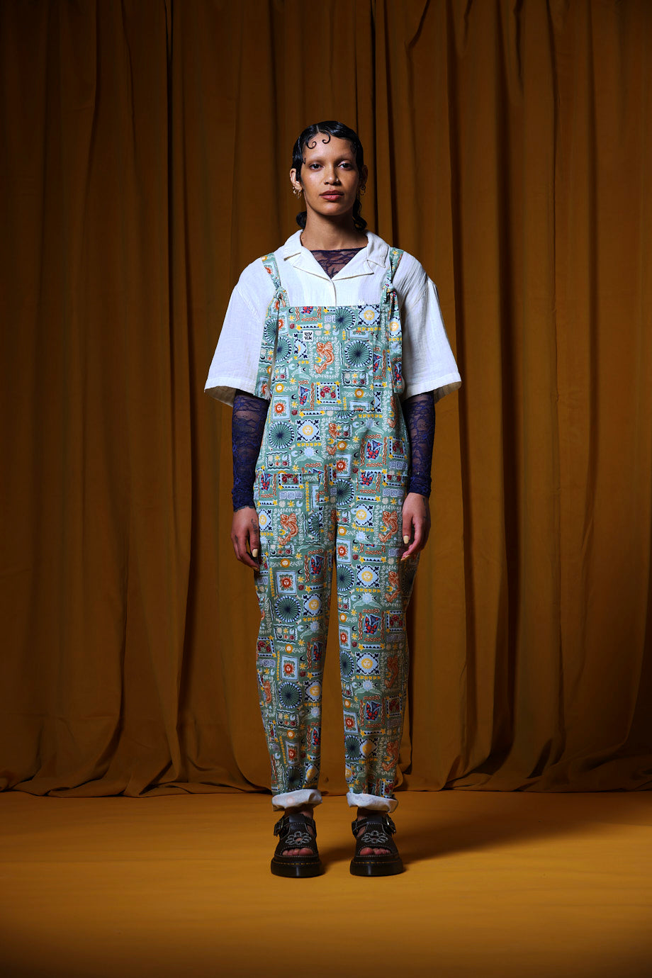 Original - Straight Leg Dungarees Organic Cotton in Green Cosmic Folk