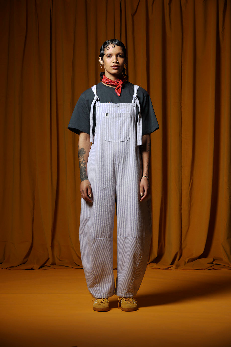 Chula - Barrel Leg Dungarees Organic Cotton in Lilac Hickory Stripe