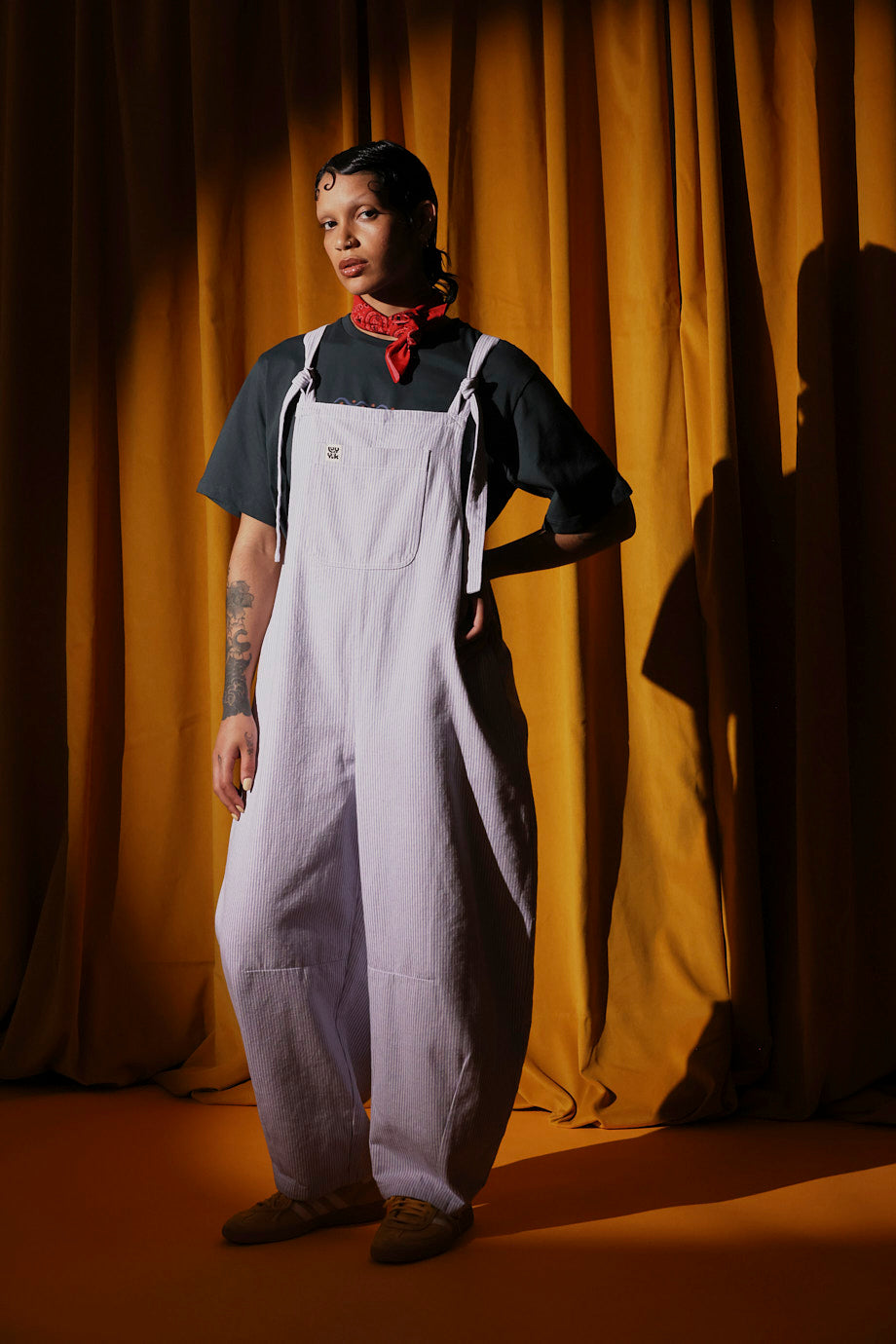 Chula - Barrel Leg Dungarees Organic Cotton in Lilac Hickory Stripe