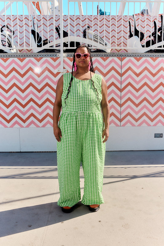Bellamy - Wide Leg Jumpsuit Organic Cotton Seersucker in Green Gingham