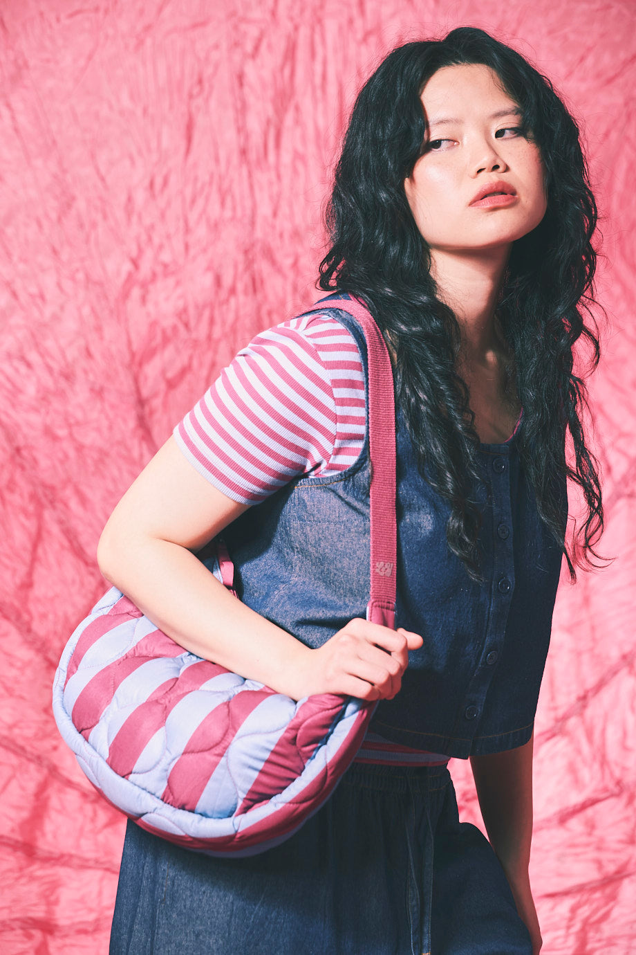Bryony - Crossbody Bag Organic Cotton Twill in Burgundy & Blue Stripe