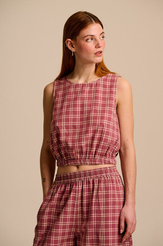 Lumi - Cropped Top Organic Cotton in Maroon Deco Rose Check