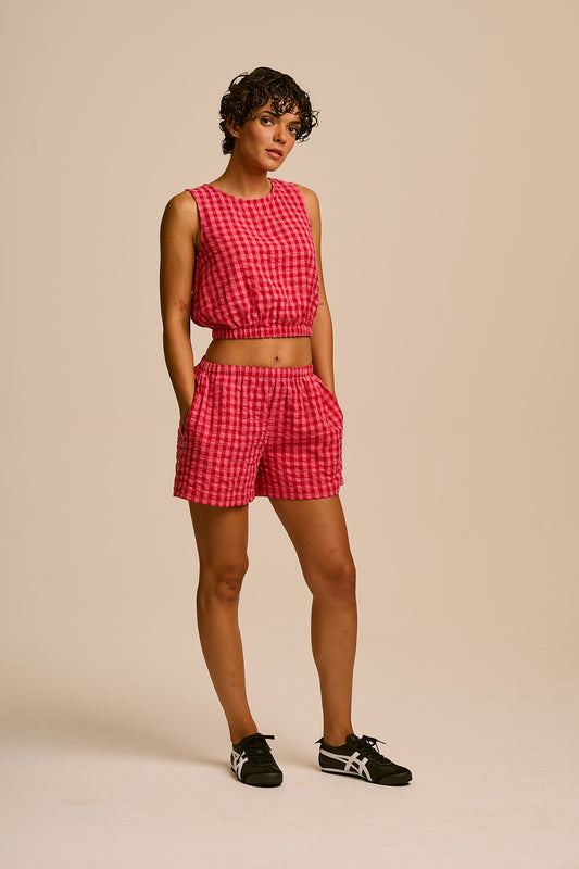 Popan - Relaxed Shorts Organic Cotton Seersucker in Pink & Red Check